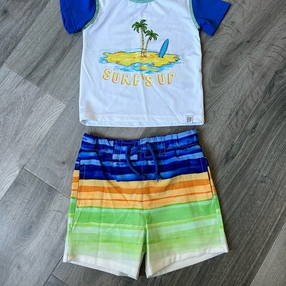 NWT Baby Boy Graphic Rashguard Swim Top & Trunks Set, White/Blue - Picture 2 of 8